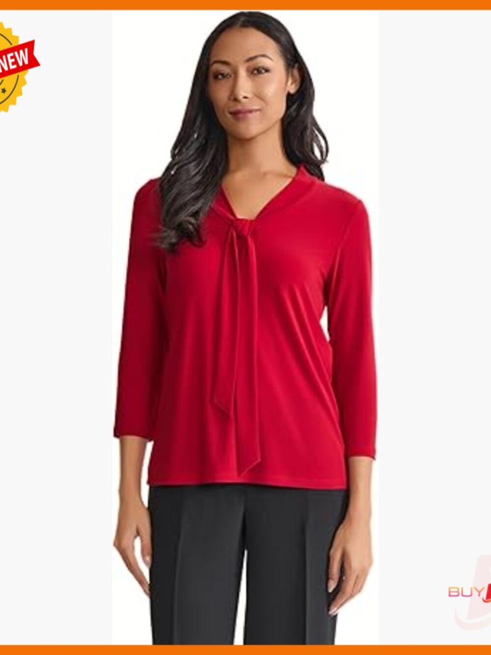 Petite 3/4 Sleeve Tie-Front Jersey Top For Work And Casual Wear